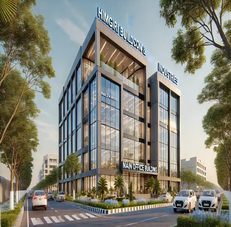 DALL·E 2025-01-09 18.42.31 – A modern and professional main office building located in Delhi, India, for a company named Himgiri Buildcon & Industries. The office building is slee (1)